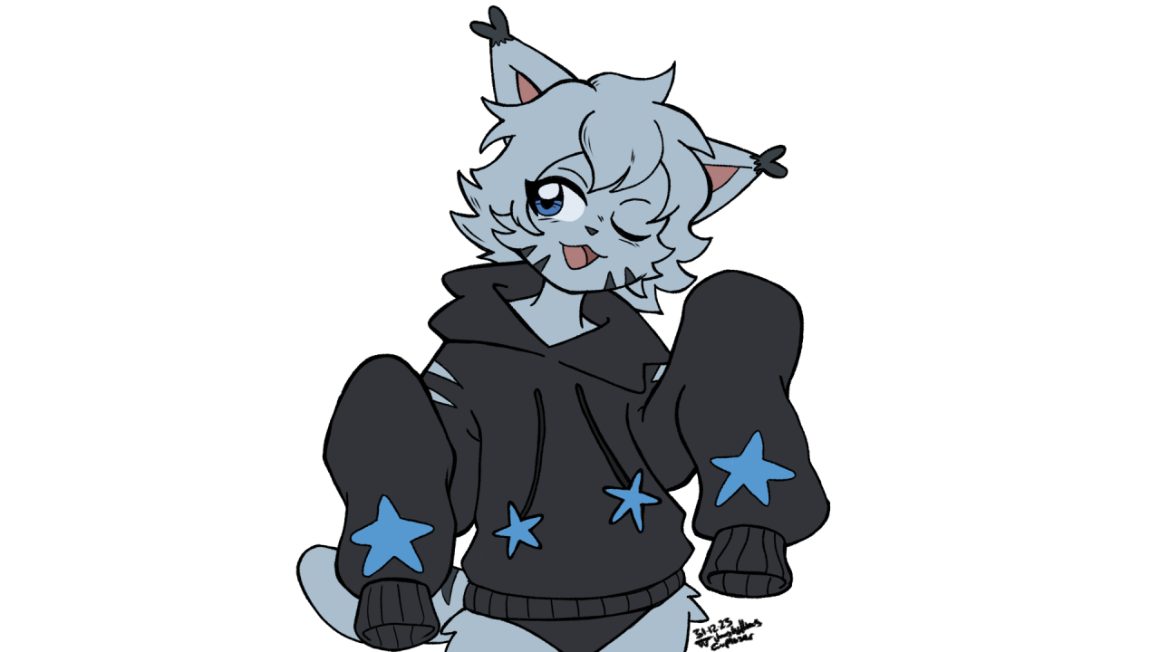 Digital illustration of a blue cat character in an oversized black hoodie covered in blue stars, winking