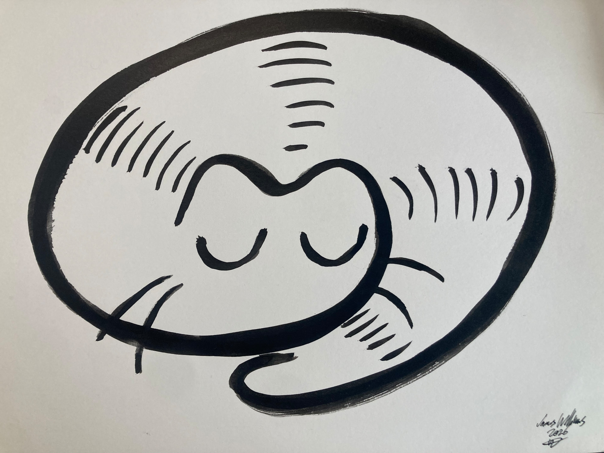 Bold brush-ink drawing of a cat curled asleep inside a large oval