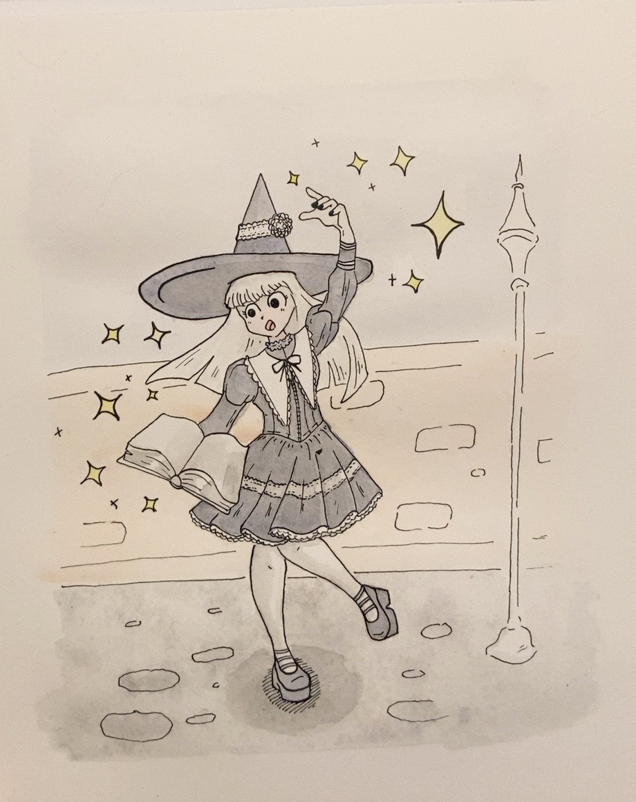 Ink and watercolour illustration of a young witch casting sparks on a cobblestone street